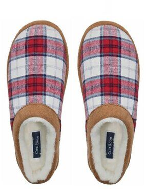 new Club Room Men's Red Tartan Plaid Slip-On Slippers in Size Small 6 - 7